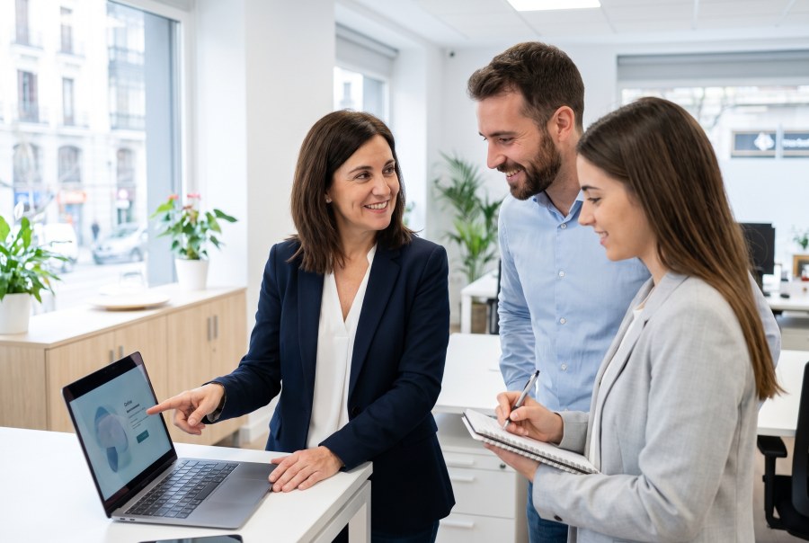 Equipo de CiberAula revisando un curso online en la oficina