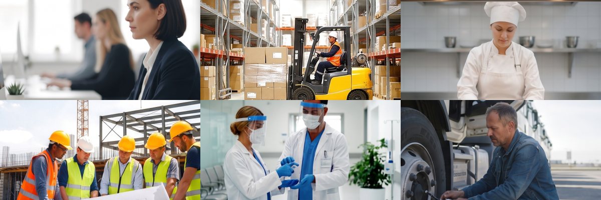 Collage de sectores: oficina, almacén con carretilla, cocina profesional, obra, centro sanitario y transporte por carretera
