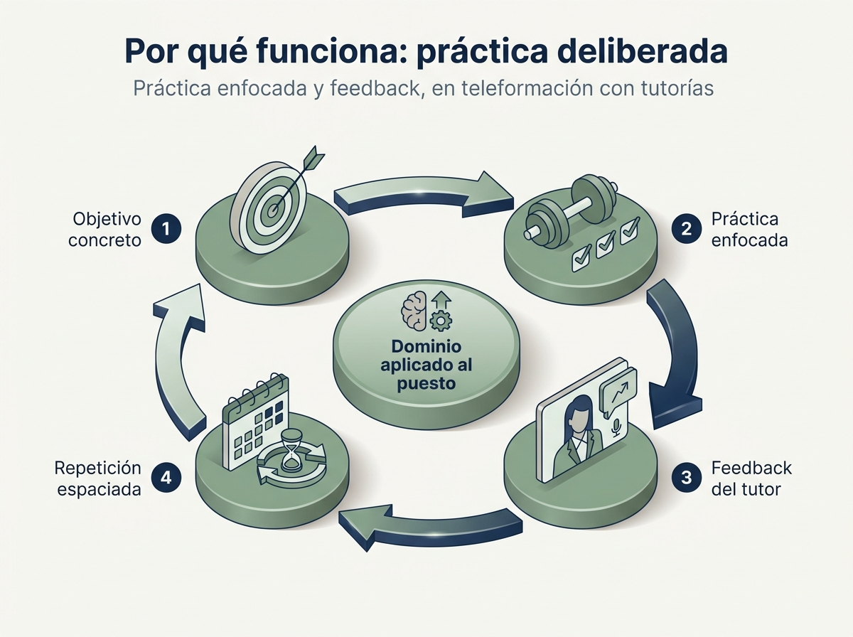 Ciclo de práctica deliberada en teleformación: 1) objetivo concreto, 2) práctica enfocada, 3) feedback del tutor por videoconferencia, 4) repetición espaciada, en torno al dominio aplicado al puesto.