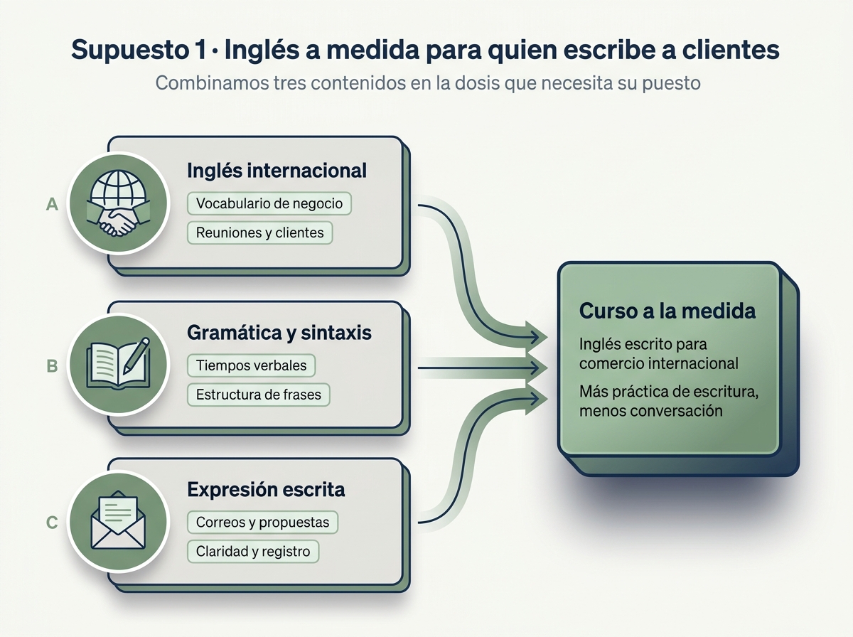 Supuesto 1: inglés a medida combinando tres contenidos —inglés internacional (vocabulario de negocio, reuniones), gramática y sintaxis (tiempos verbales, estructura de frases) y expresión escrita (correos y propuestas, claridad y registro)— en un único curso con más práctica de escritura y menos conversación.