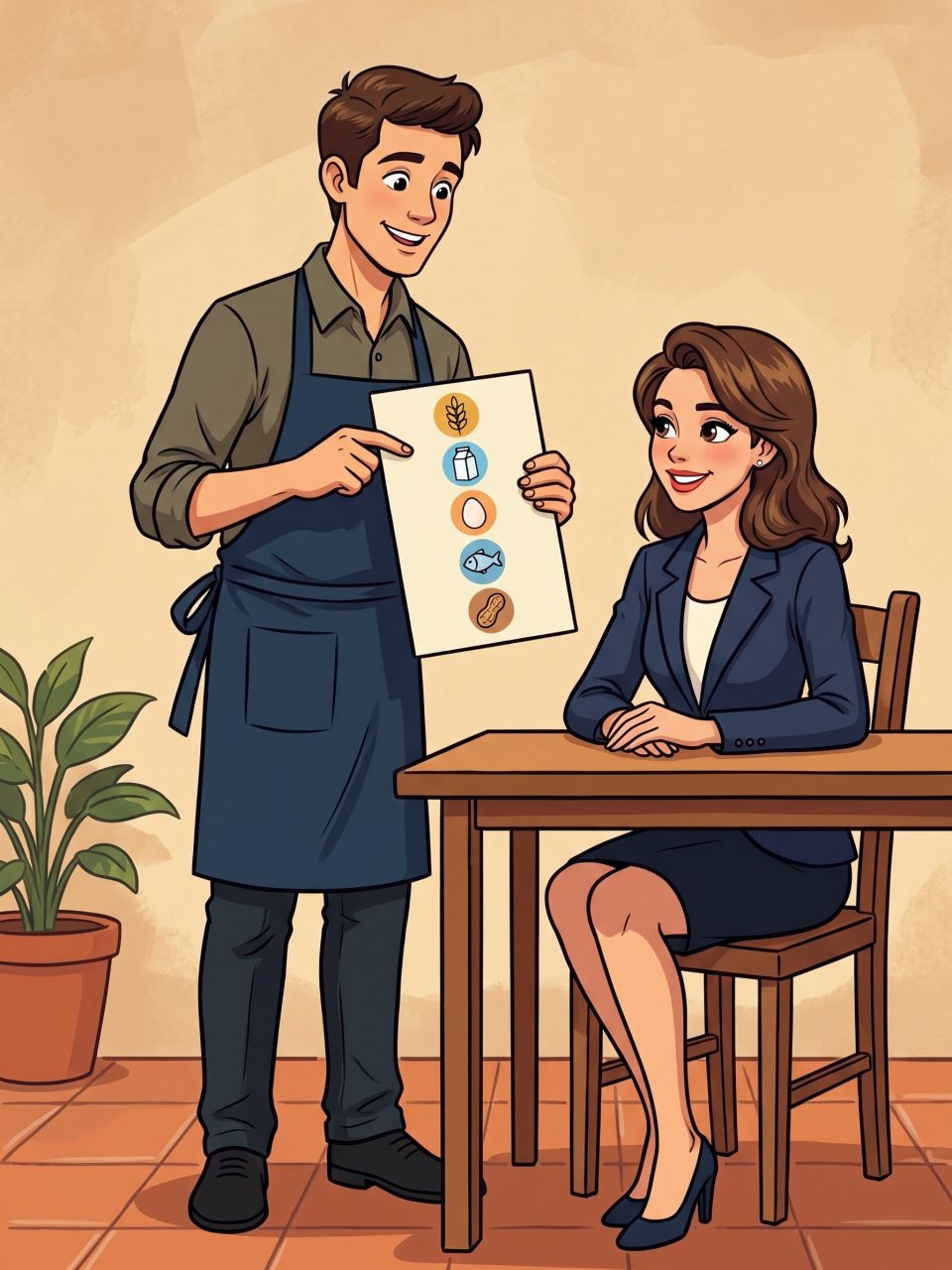 Ilustración de cómic: un camarero enseña a una clienta una carta con los pictogramas de los alérgenos.