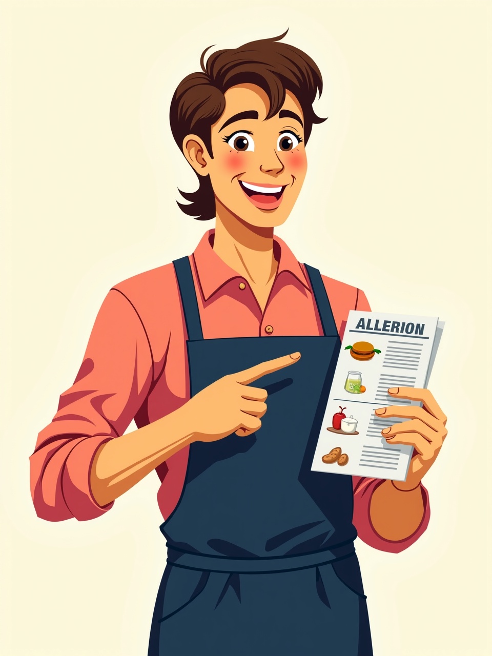 Ilustracion comic: profesional de hosteleria muestra la informacion de alergenos de una carta al cliente.