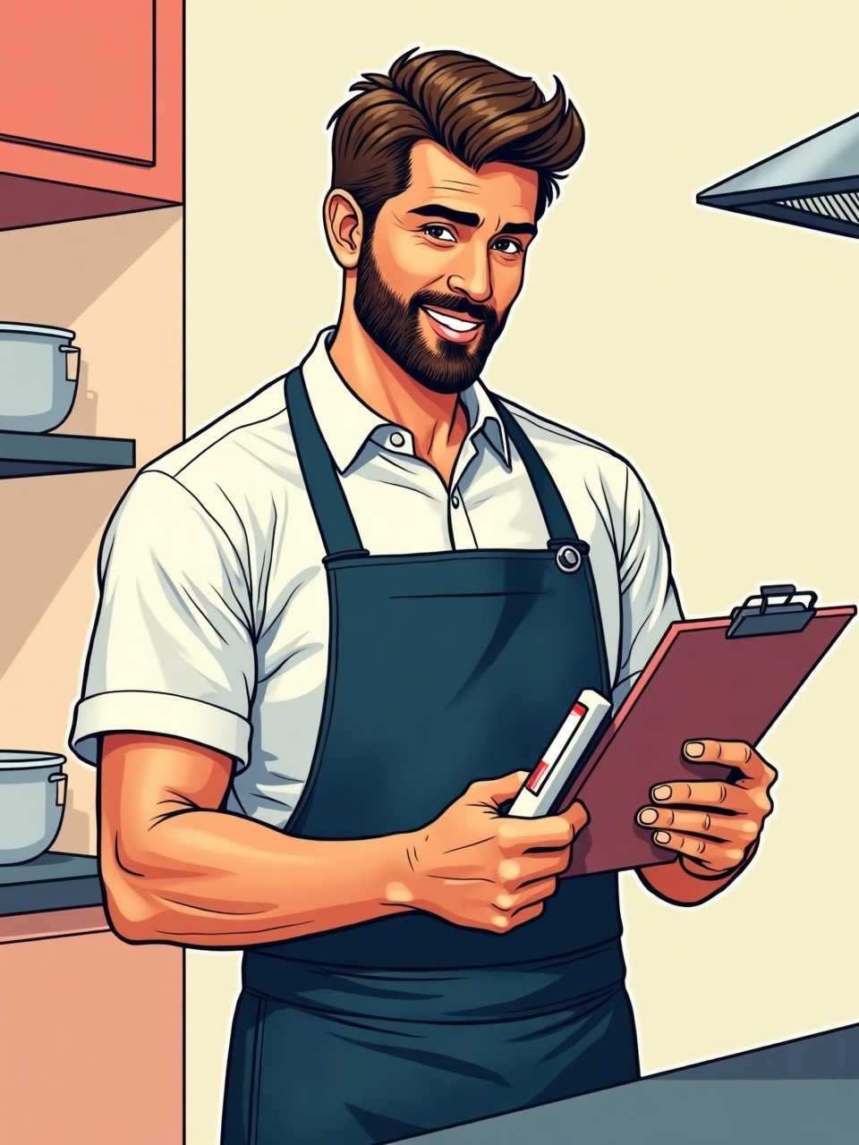 Ilustracion comic: profesional de seguridad alimentaria revisa con lista de control y termometro los puntos criticos.