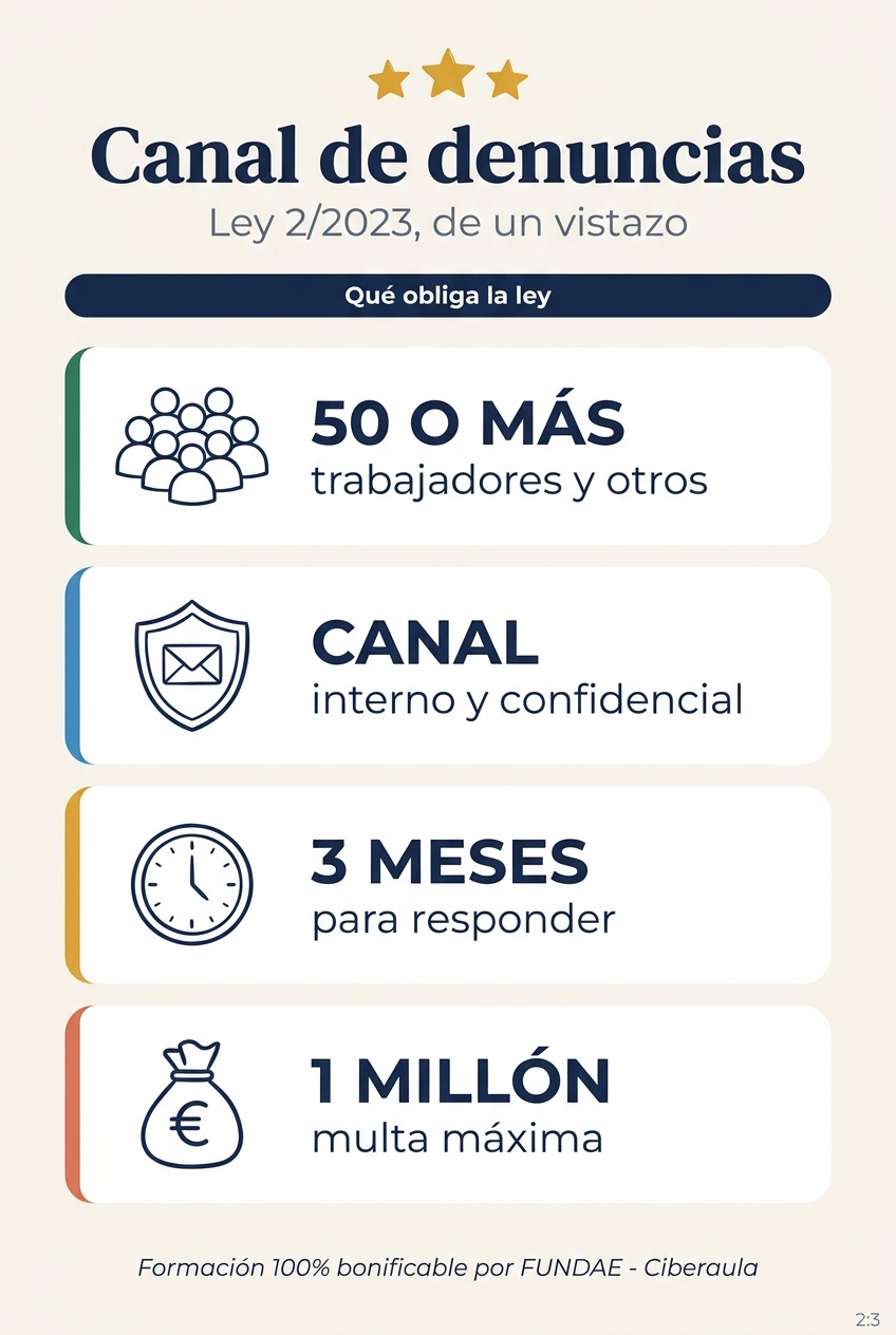 Resumen visual de las obligaciones del canal de denuncias (Ley 2/2023).