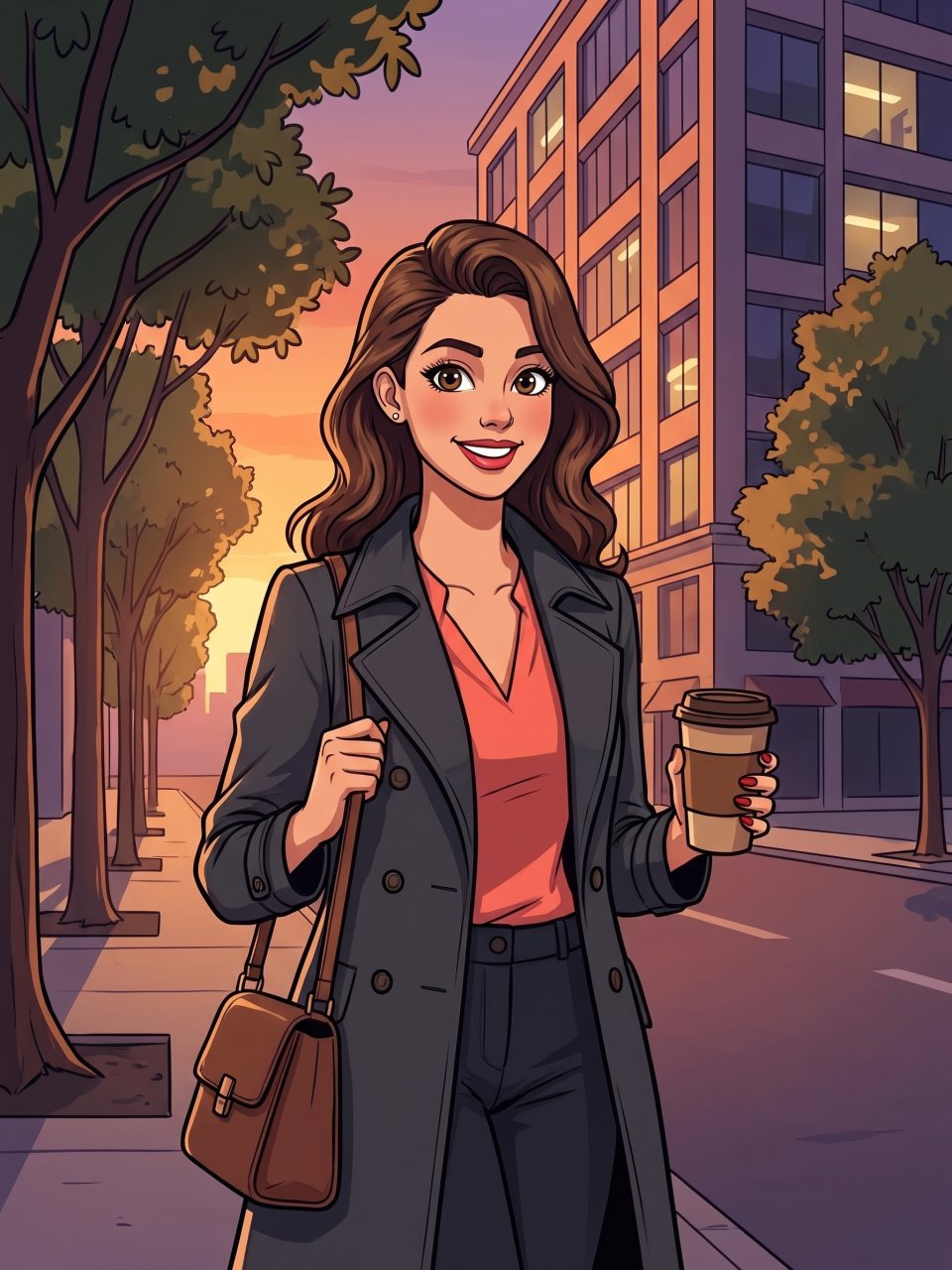 Ilustración de cómic: profesional que sale de la oficina al atardecer, con el bolso al hombro y un café, sin portátil ni móvil en las manos.
