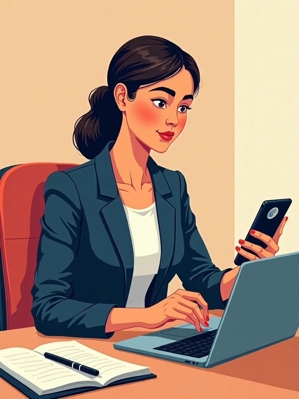 Ilustracion comic: profesional que desconecta el movil y cierra el portatil al terminar la jornada, con calma.