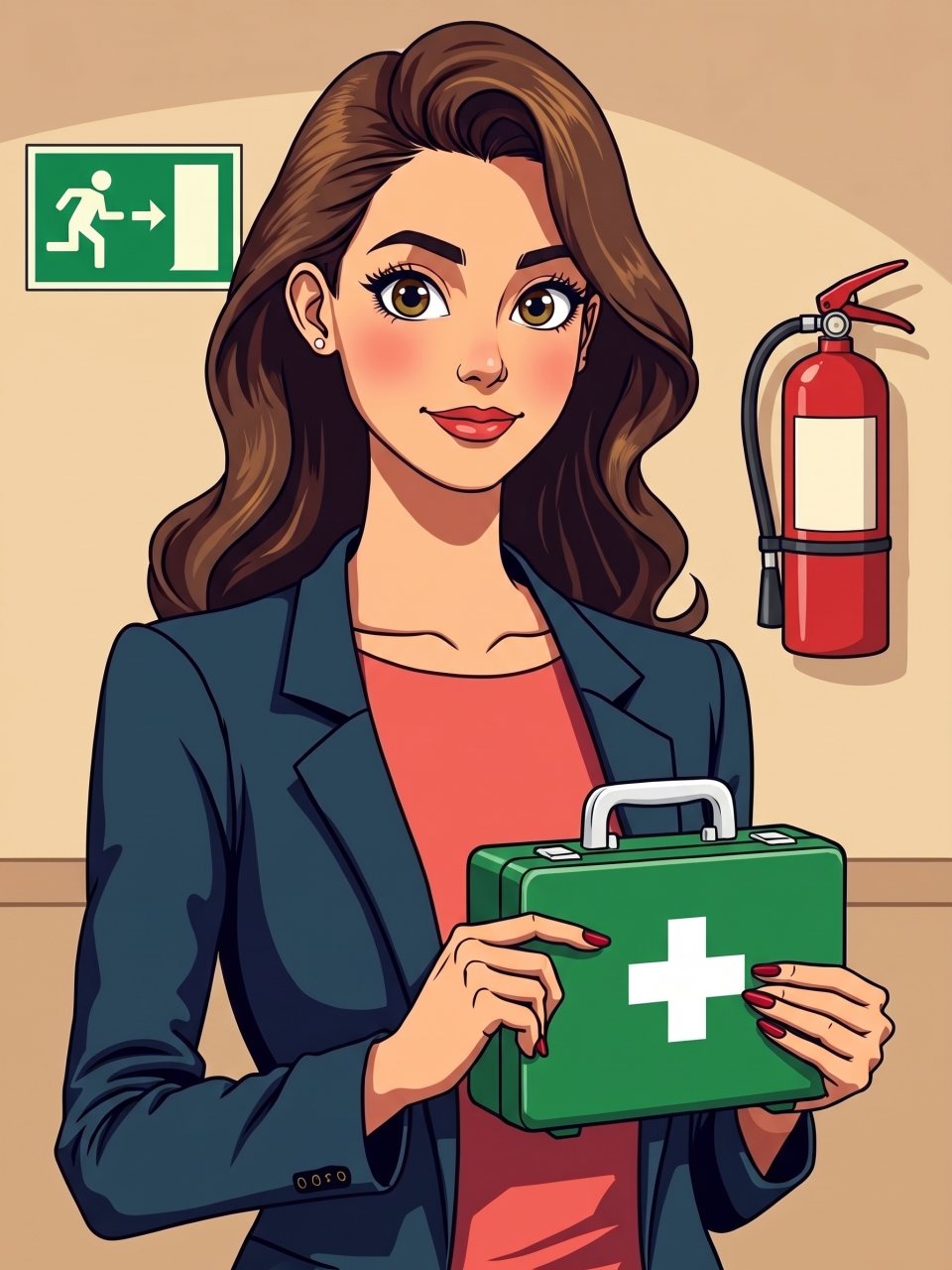 Ilustración de estilo cómic: empleada designada para emergencias sujeta un botiquín junto a la señal de salida de emergencia y un extintor.