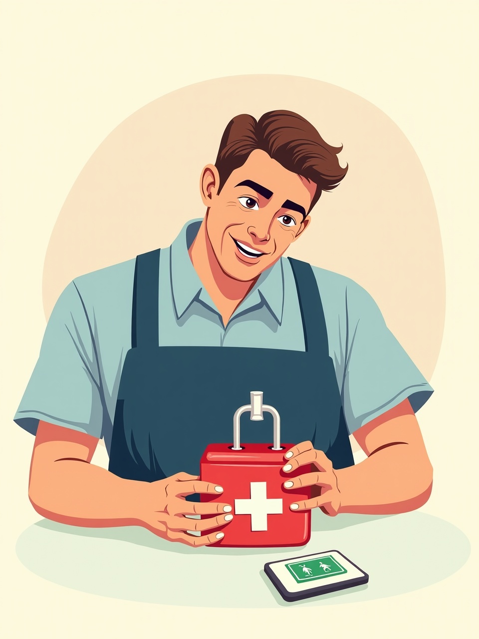 Ilustracion comic: profesional calmado aplica primeros auxilios con un botiquin, junto a una senal de salida de emergencia.