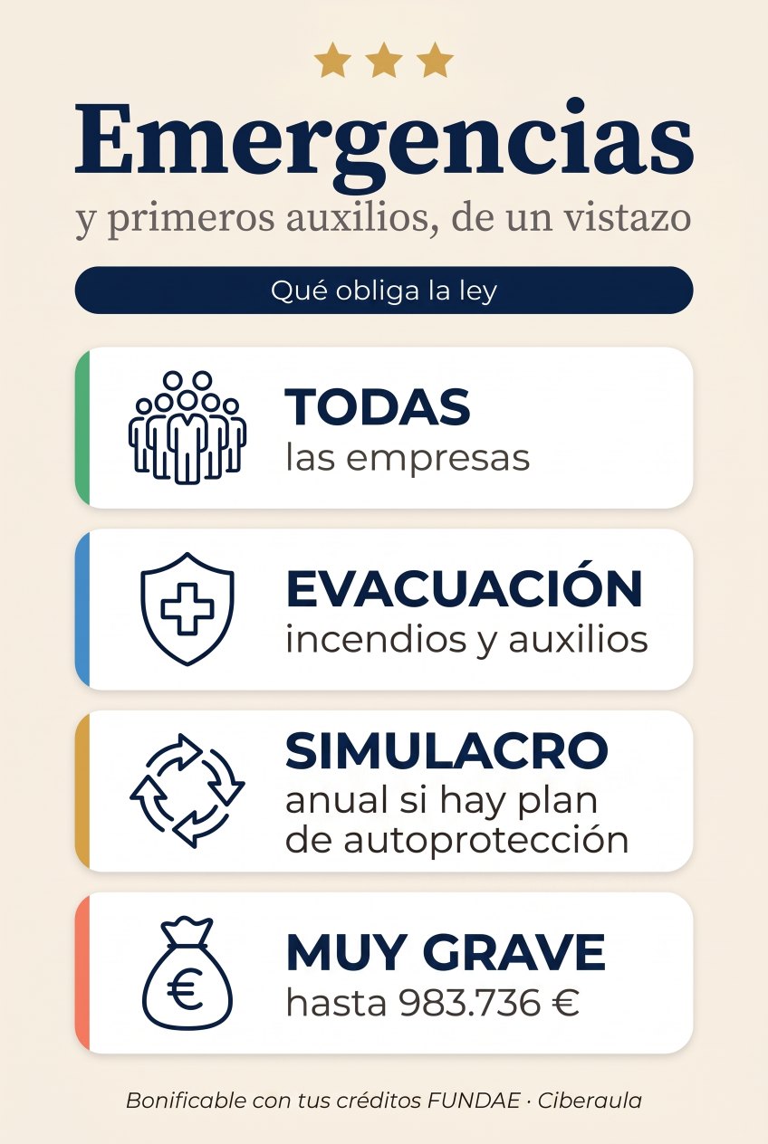 Resumen visual de emergencias y primeros auxilios: obliga a todas las empresas; evacuación, lucha contra incendios y primeros auxilios; simulacro anual si hay plan de autoprotección; infracción muy grave de hasta 983.736 €; bonificable con tus créditos FUNDAE.