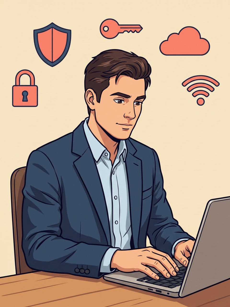 Ilustración de cómic: profesional que trabaja con su portátil rodeado de iconos de escudo, candado, llave, nube y wifi.