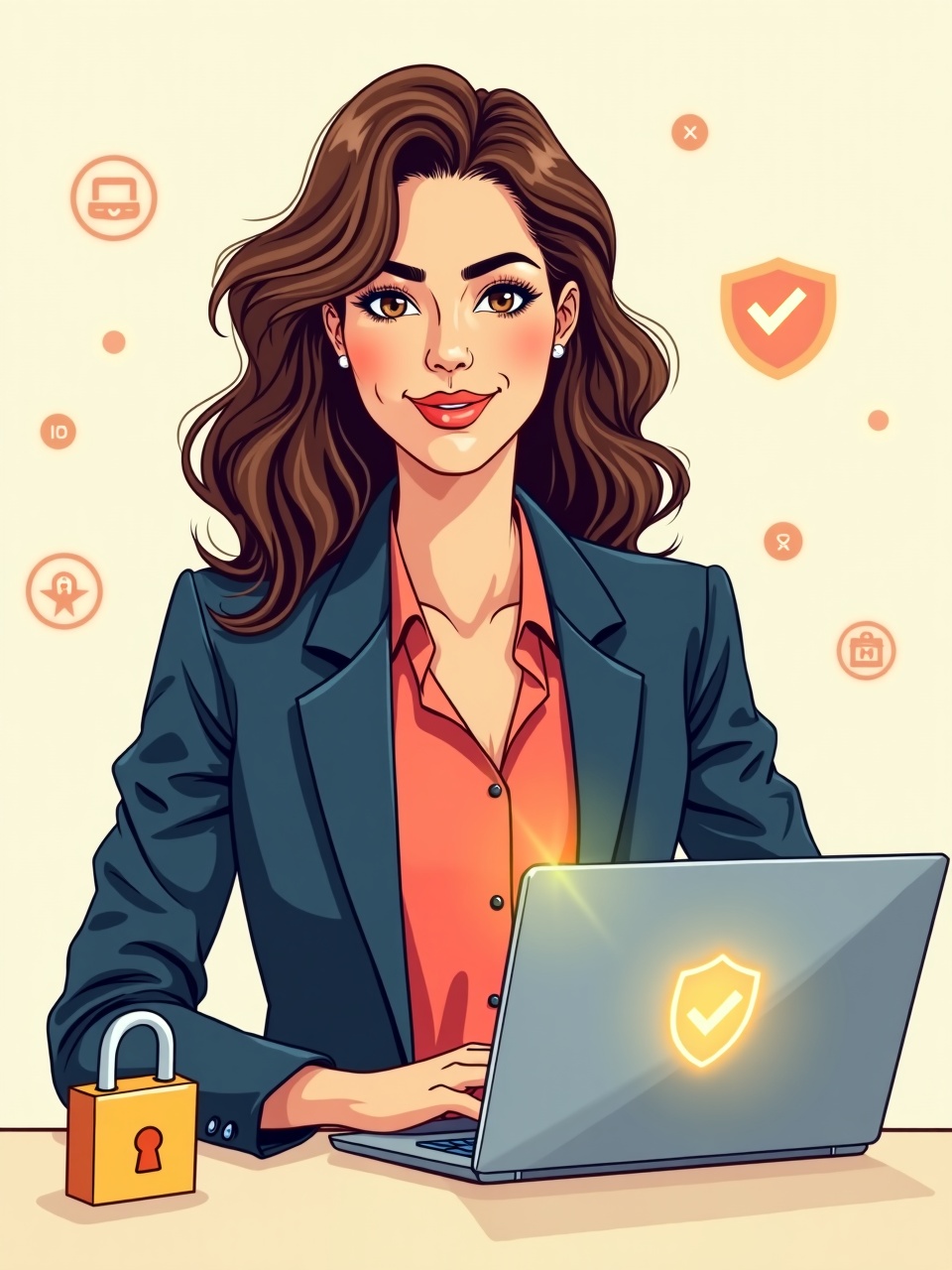 Ilustracion comic: profesional que protege el equipo de la empresa frente a amenazas informaticas, con simbolos de escudo y defensa.