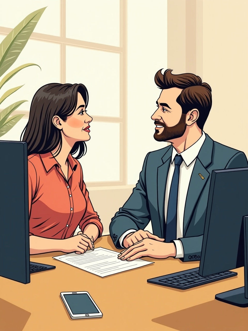 Ilustracion comic de un lugar de trabajo de igualdad y respeto: dos colegas colaboran como iguales en una oficina moderna.