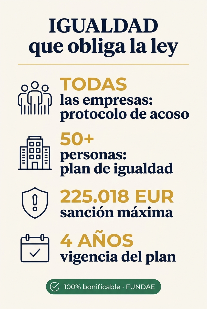Resumen visual: el protocolo de acoso obliga a todas las empresas; el plan de igualdad a las de 50 o mas personas; sancion de hasta 225.018 euros; vigencia del plan de 4 anos; formacion 100% bonificable por FUNDAE.