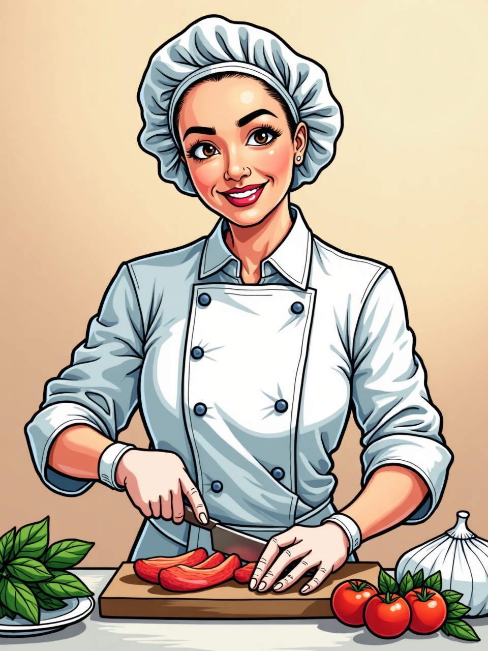 Ilustracion comic: manipulador de alimentos con ropa limpia, gorro y guantes preparando comida con higiene.