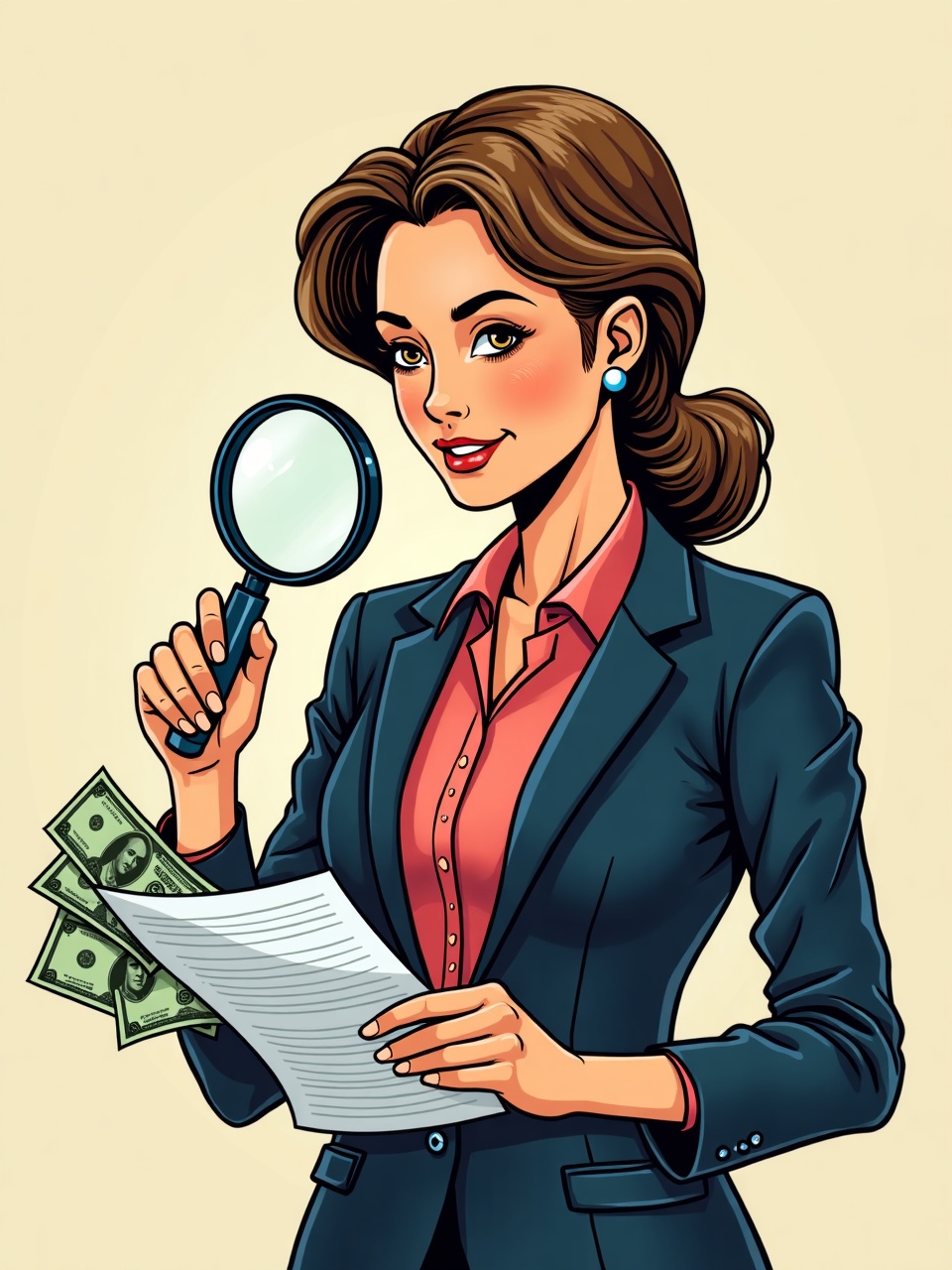 Ilustracion comic: profesional de cumplimiento revisa operaciones para prevenir el blanqueo de capitales.