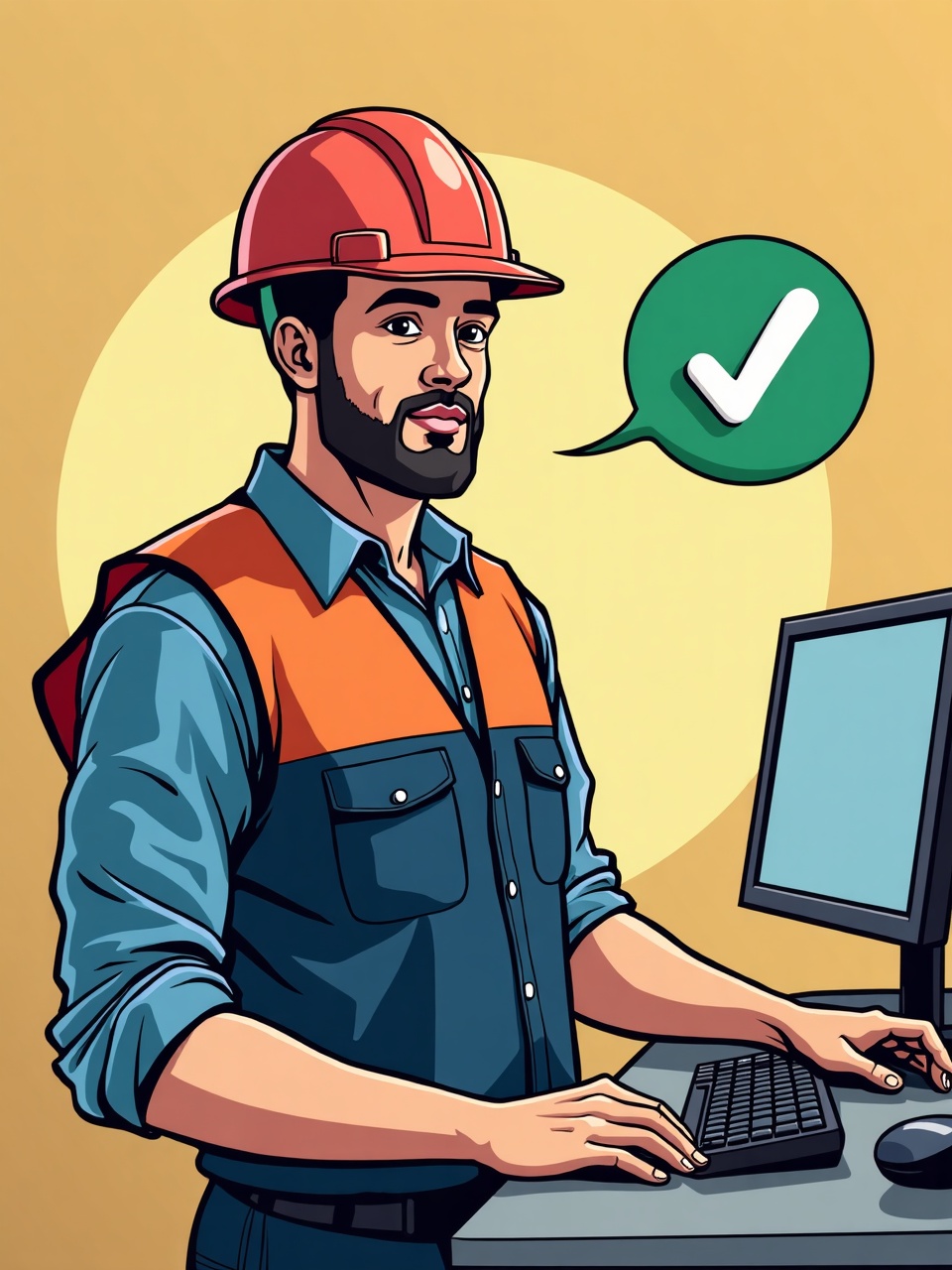 Ilustracion comic: profesional en un entorno de trabajo seguro, con equipo de proteccion y prevencion de riesgos.
