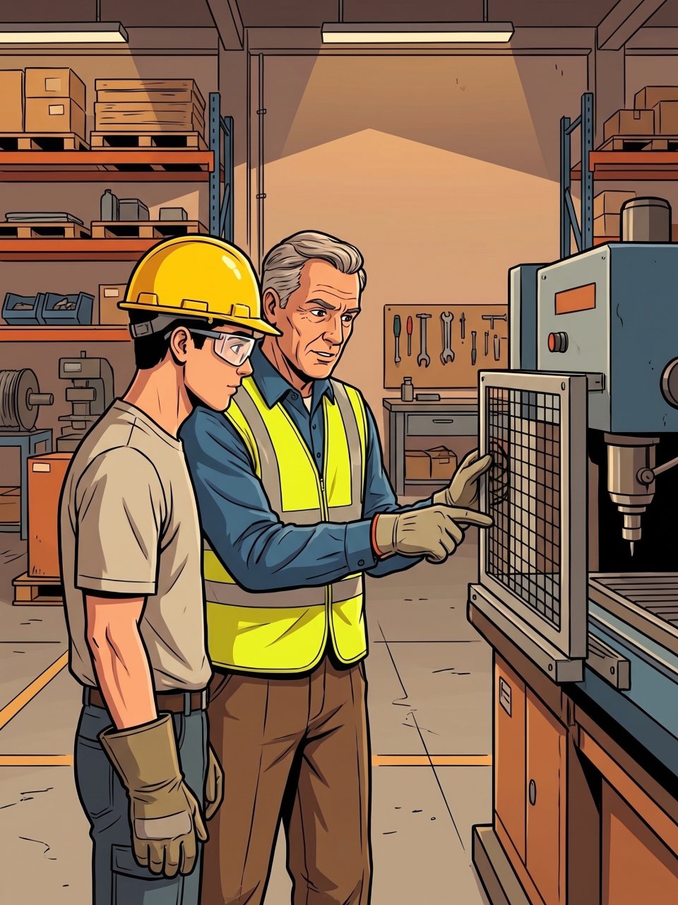 Ilustración de estilo cómic: un formador con chaleco explica a un trabajador con casco, gafas y guantes el resguardo de seguridad de una máquina en el taller.
