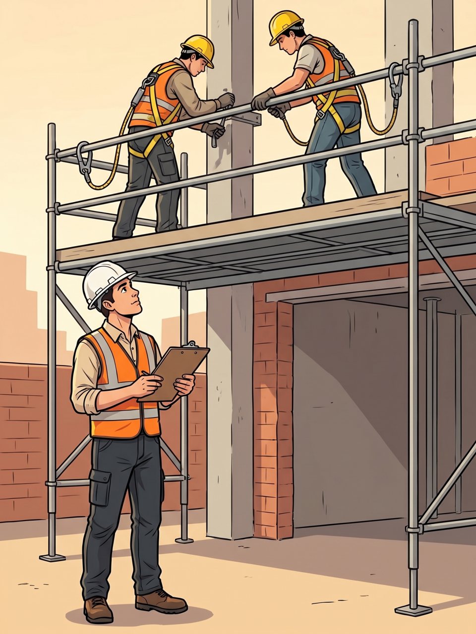 Ilustración de estilo cómic: el recurso preventivo, con casco blanco, chaleco naranja y una tablilla, vigila desde el suelo a dos trabajadores con arnés sobre un andamio.