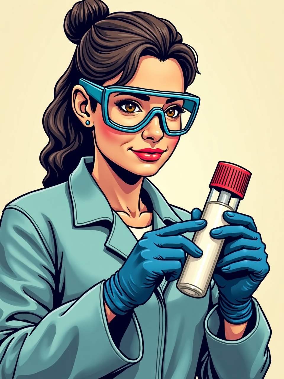Ilustracion comic: profesional sanitario con guantes y gafas de proteccion manipula con seguridad una muestra.