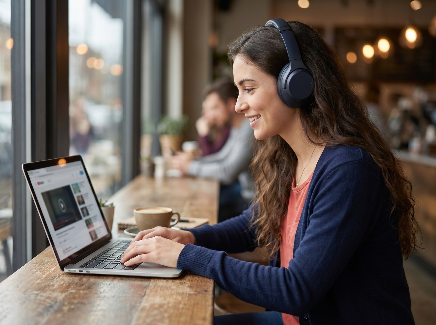 Alumna siguiendo un curso de teleformación con su portátil y auriculares desde una cafetería, avanzando a su propio ritmo.