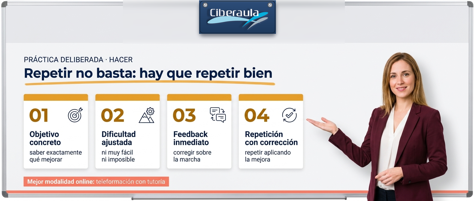 Infografía de la práctica deliberada (aprender a hacer): repetir no basta, hay que repetir bien. Sus cuatro ingredientes —objetivo concreto, dificultad ajustada, feedback inmediato y repetición con corrección— y la mejor modalidad online: teleformación con tutoría.