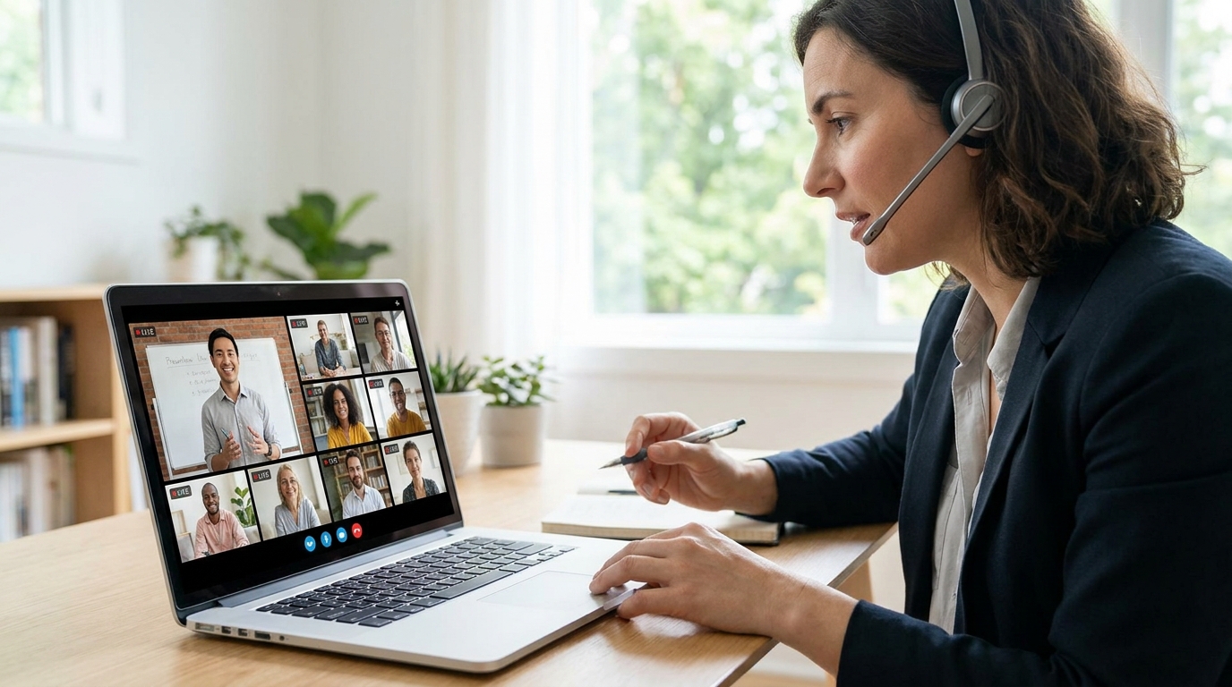 Profesional con auriculares en una clase en directo por videoconferencia, con el profesor y los participantes en pantalla, ejemplo de aula virtual.