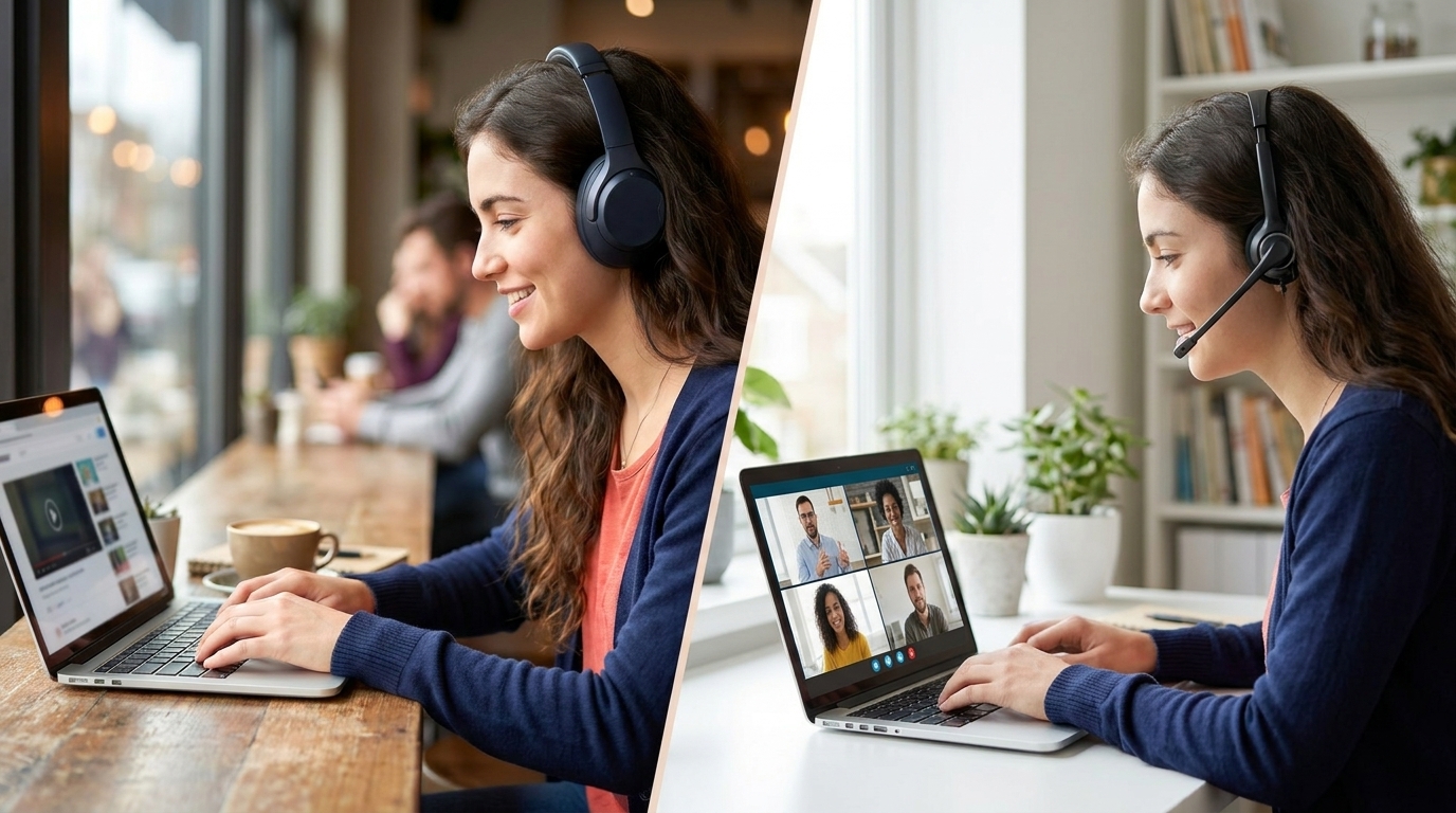 Dos personas combinando los materiales de un curso online en un portátil con una sesión en directo por videoconferencia en una tableta, ejemplo de formación mixta.