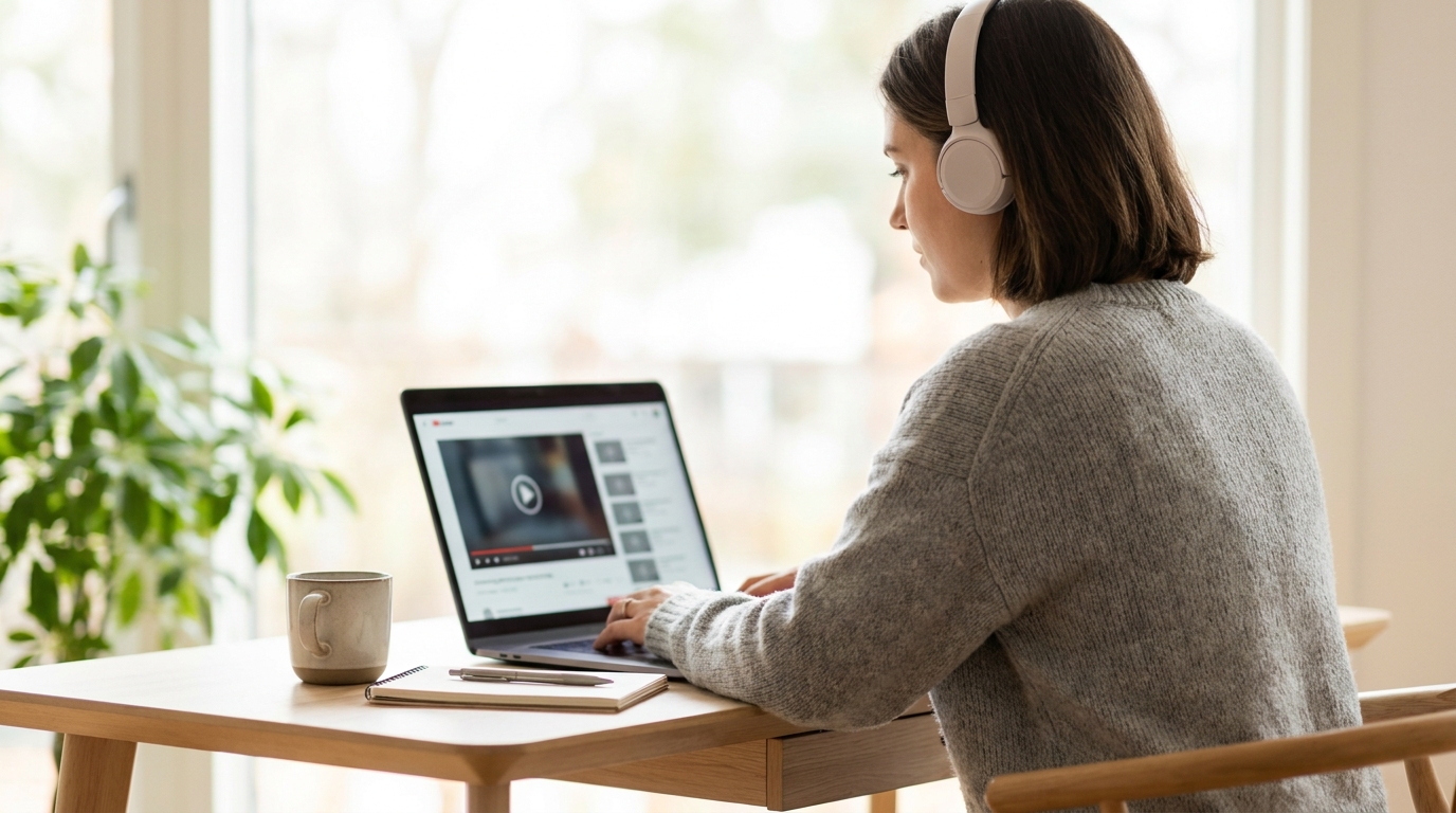 Persona con auriculares estudiando un curso online a su ritmo en un portátil, ejemplo de teleformación.