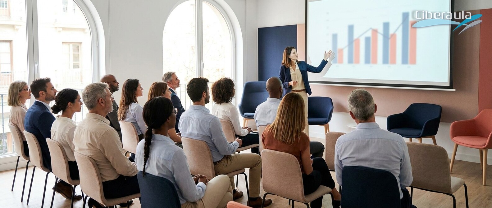 Grupo de trabajadores en una formación in-company presencial con un formador y un proyector en la sala de la empresa.
