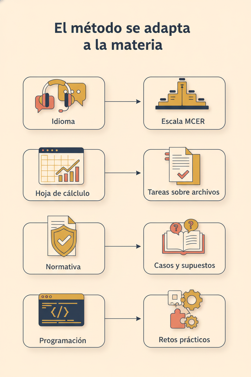 Infografía: el método de evaluación se adapta a cada materia (idioma, hoja de cálculo, normativa, programación)