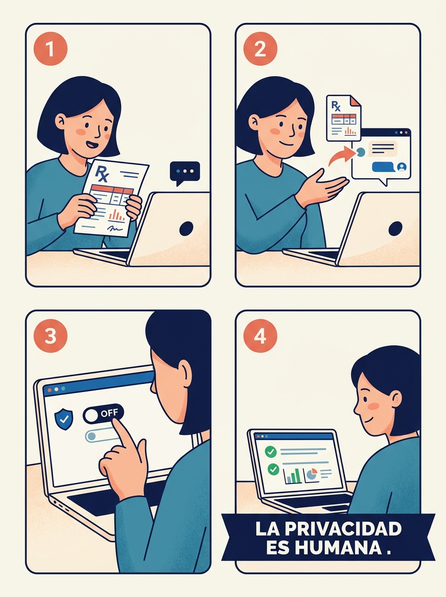 Cómic de cuatro viñetas: una mujer con sus análisis médicos pide ayuda a una IA, decide compartir sus datos, desactiva el uso para entrenamiento en un servicio de confianza y recibe ayuda real.