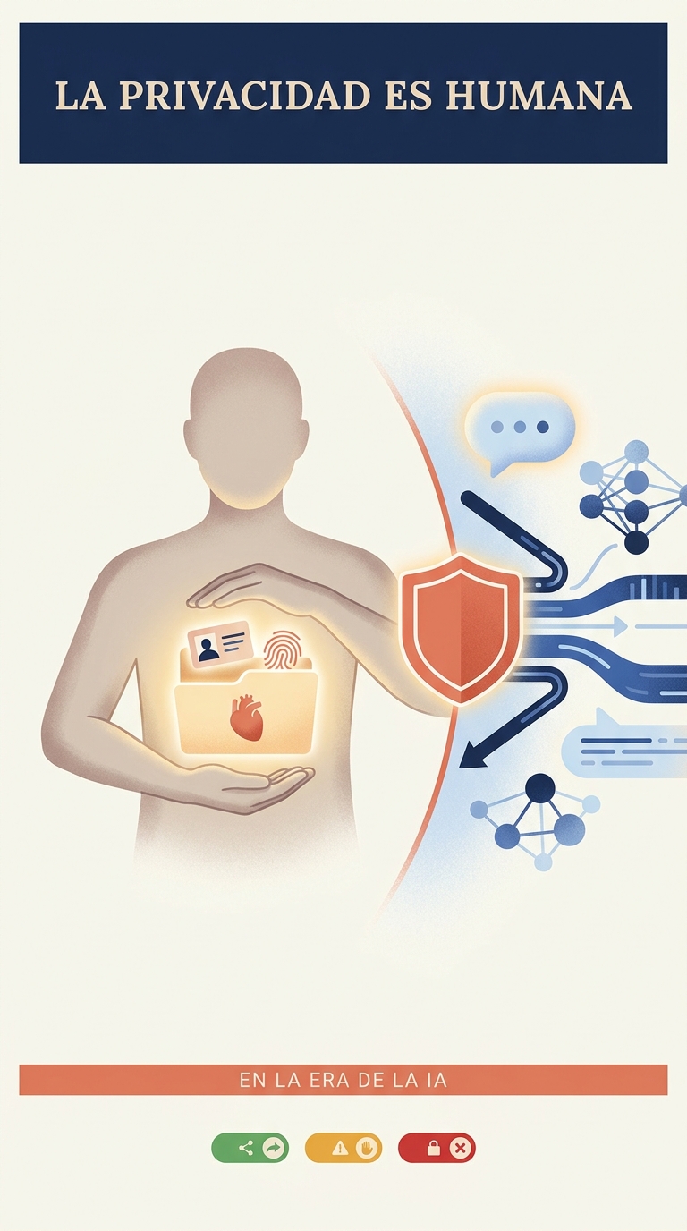 Ilustración: una persona protege sus datos personales (documento de identidad, huella, corazón) mientras un escudo marca el límite frente a los elementos de inteligencia artificial. Semáforo: compartir, precaución, nunca.
