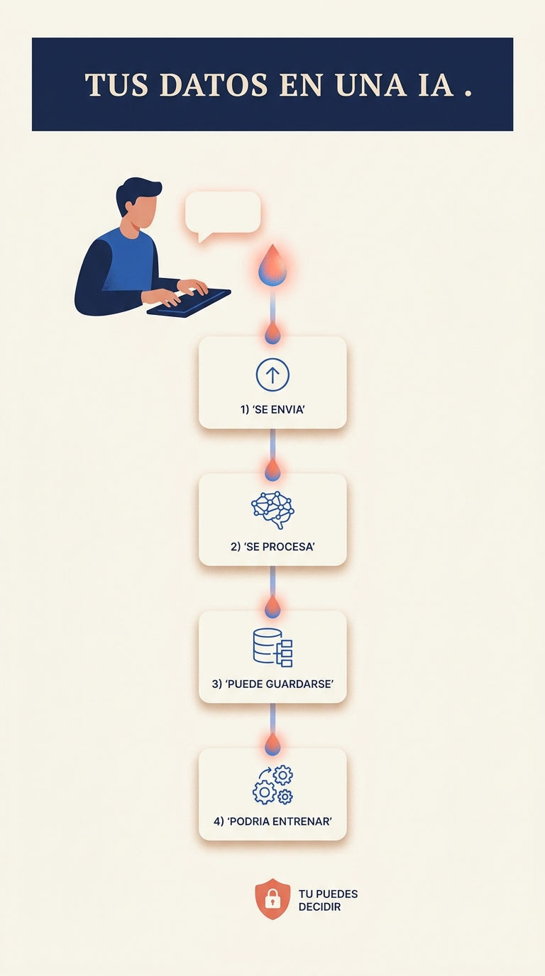 Infografía: el viaje de un dato al escribir en una IA. Se envía, se procesa, puede guardarse y podría usarse para entrenar el modelo. Tú puedes decidir.