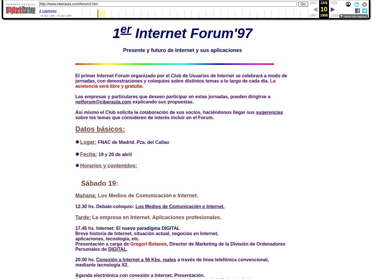 Programa del Internet Forum 97 publicado en ciberaula.com en abril de 1997